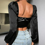 Girlfairy Sexy Lantern Sleeve Hasp Corsets Tops Women Low Cut Square Collar Bustiers Crop Solid