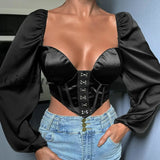 Girlfairy Sexy Lantern Sleeve Hasp Corsets Tops Women Low Cut Square Collar Bustiers Crop Tops Solid Color Backless Satin T-Shirt