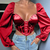 Girlfairy Sexy Lantern Sleeve Hasp Corsets Tops Women Low Cut Square Collar Bustiers Crop Solid
