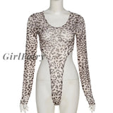 Girlfairy Sexy Leopard Long Sleeve Boysuit For Women Thong Mesh Fabric Transparent Print Autumn
