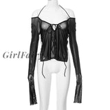 Girlfairy Sexy Low Cut Off Shoulder Top Women Halter Club Party Goth Black Mesh See Through