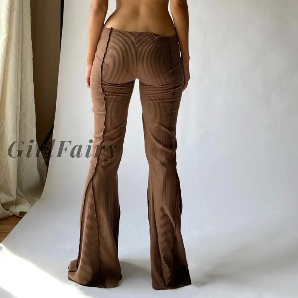 Girlfairy Sexy Low Waist Flare Pants Brown Y2K Style Contrast Stitch Knitted Wide Leg Womens Summer