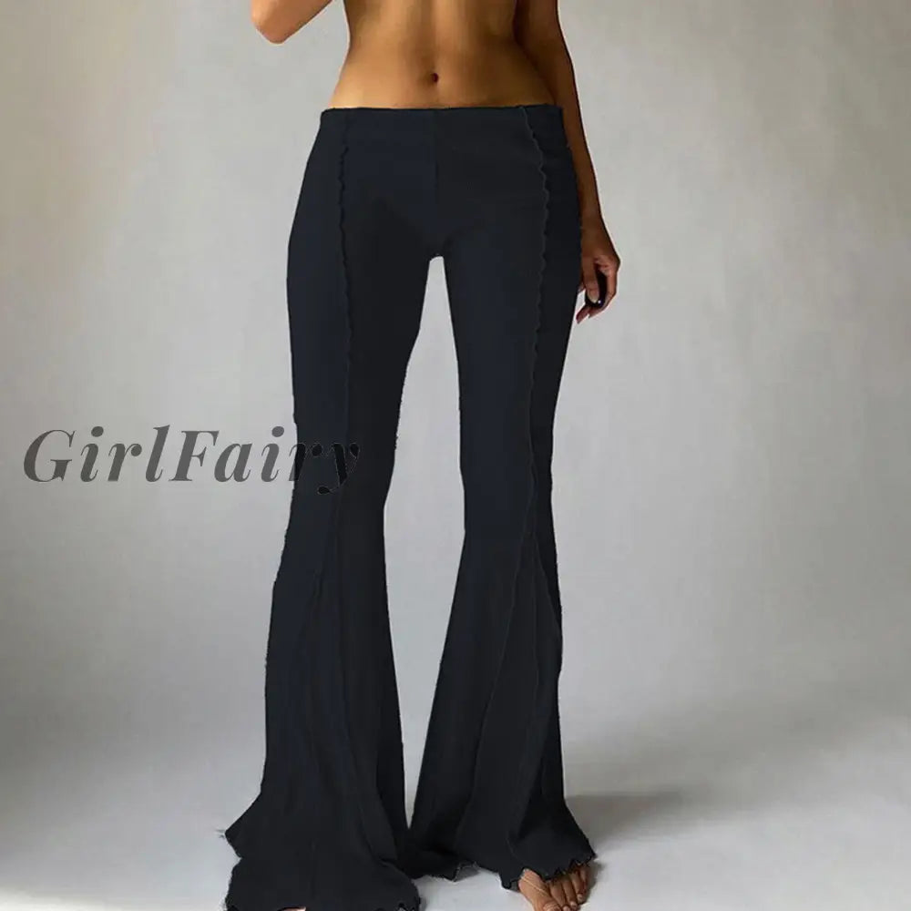 Girlfairy Sexy Low Waist Flare Pants Brown Y2K Style Contrast Stitch Knitted Wide Leg Womens Summer
