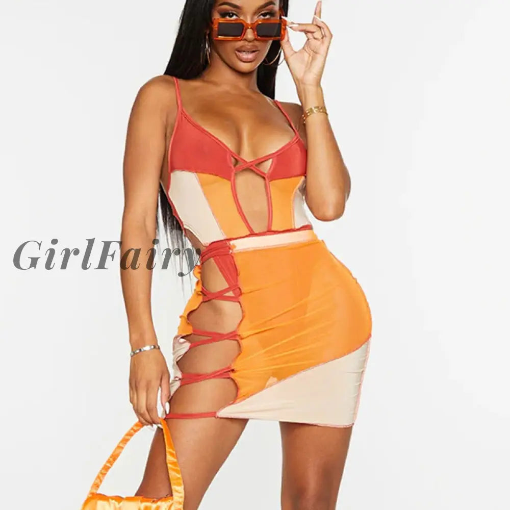 Girlfairy Sexy Mesh Patchwork Cut Out Mini Dress Women Straps Bicolor Color Blocking Wrap Hip