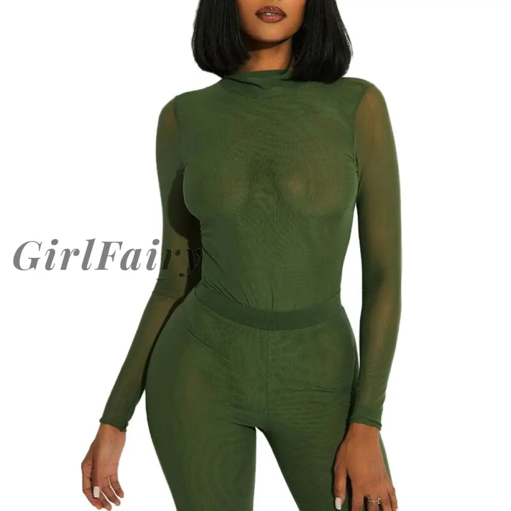 Girlfairy Sexy Mesh See Through Bodysuits & Pants Leggings Slim Two Pieces Sets For Women Autumn