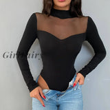 Girlfairy Sexy Mesh Sheer Bodysuit For Women Rompers One Piece Long Sleeve Pullover Top Bodysuits