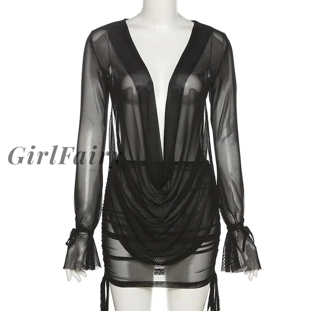 Girlfairy Sexy Mesh Two Piece Set For Women Autumn Skirt Ruched See Through Flare Long Sleeve Low