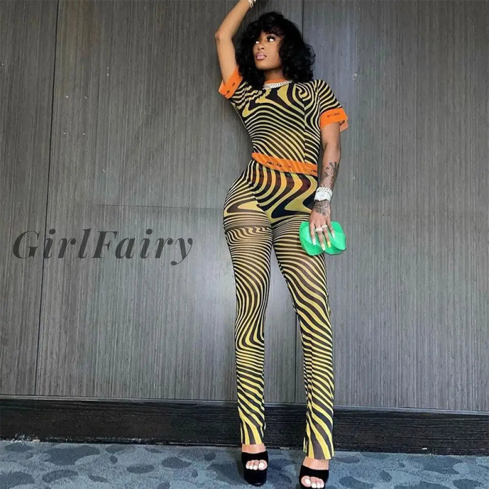 Girlfairy Sexy Mesh Two Piece Set For Women Seethrough Striped Color Blocking Top+Letter Print High