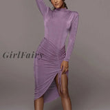 Girlfairy Sexy Midi Dresses Autumn Solid Drawstring Ruched Dress For Women O Neck Long Sleeve Slit