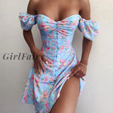 Girlfairy Sexy Mini Dress Off Shoulder Puff Sleeve Short Women Flroal Printed High Waist Sweet