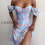 Girlfairy Sexy Mini Dress Off Shoulder Puff Sleeve Short Women Flroal Printed High Waist Sweet