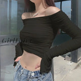 Girlfairy Sexy Off Shoulder Ruched Mesh Crop Tops Streetwear Flare Sleeve T-Shirts Fashion Tees