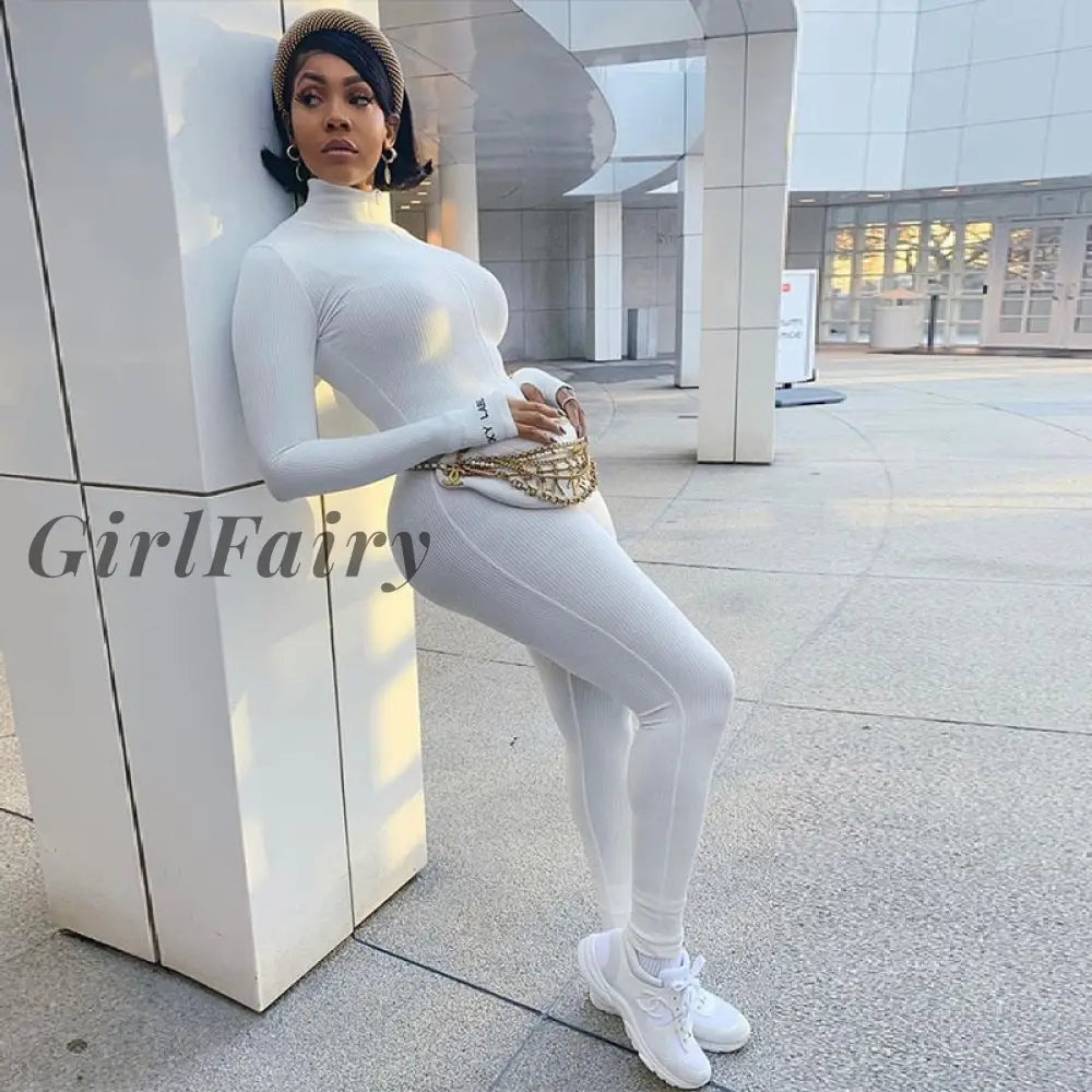 Girlfairy Sexy One Piece Bodycon Jumpsuit Autumn Winter Sports Knitted Embroidery Turtleneck Long