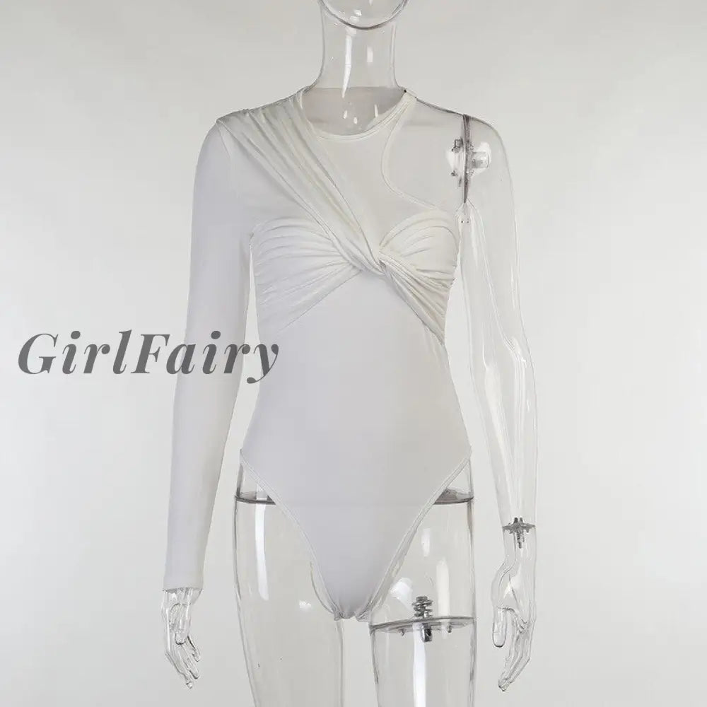 Girlfairy Sexy One Shoulder Twist Bodysuit For Women White Black Long Sleeve Tops Slim High Waist