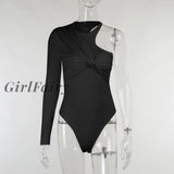 Girlfairy Sexy One Shoulder Twist Bodysuit For Women White Black Long Sleeve Tops Slim High Waist