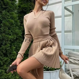 Girlfairy Sexy Pleated Knitted Two Pieces Set For Women Casual Long Sleeve Skinny Shirt Tops & High