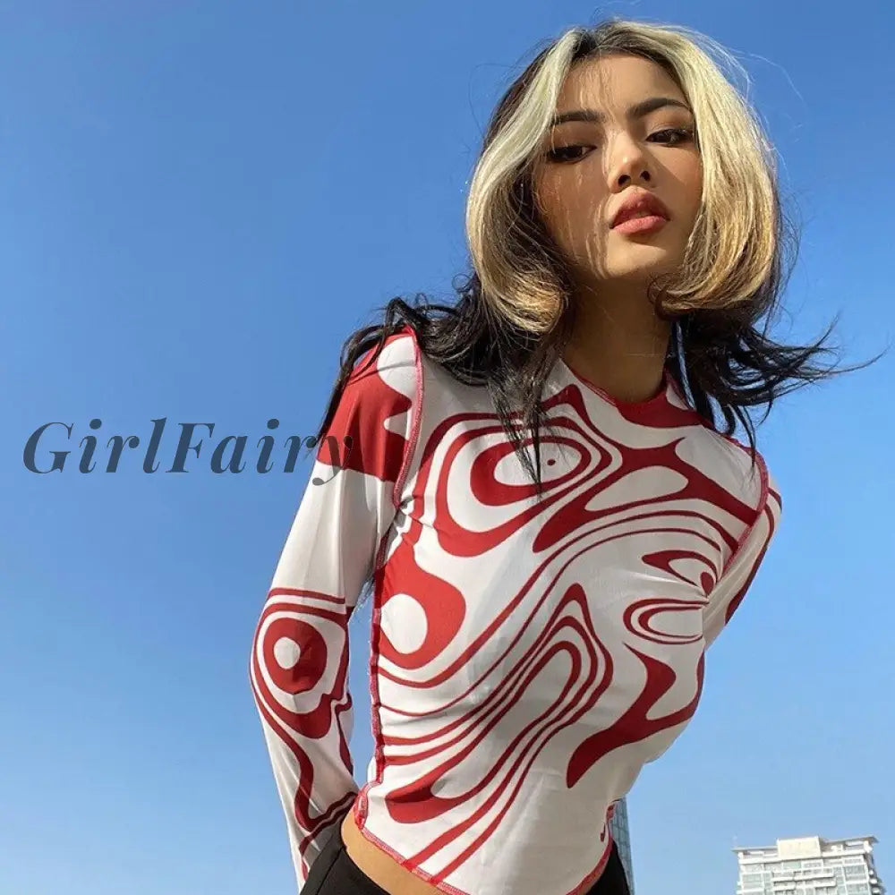Girlfairy Sexy Red Striped Print Tops For Womenautumn O Neck Long Sleeve T Shirt Female Crop Top