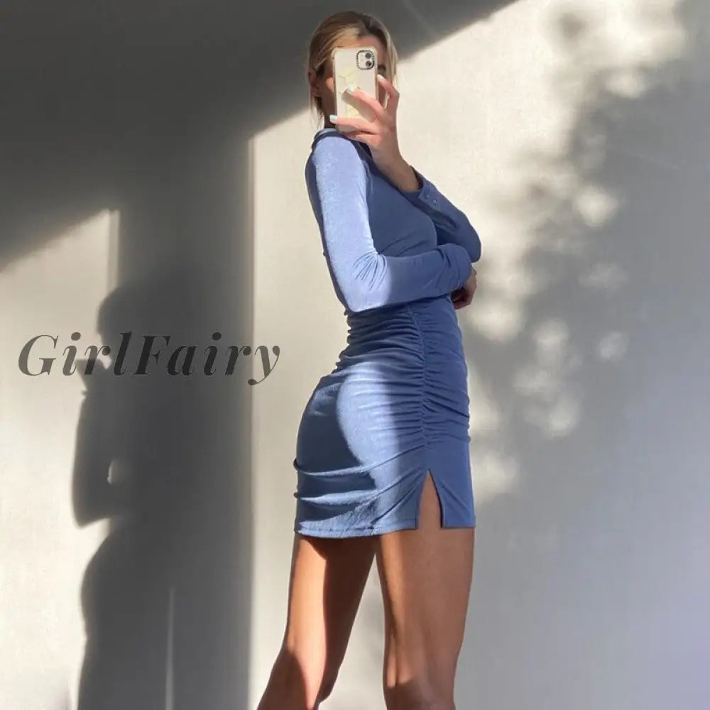 Girlfairy Sexy Ruched Bodycon Slit Dress Solid Color Knitted Elegant Fashion Long Sleeve Mini