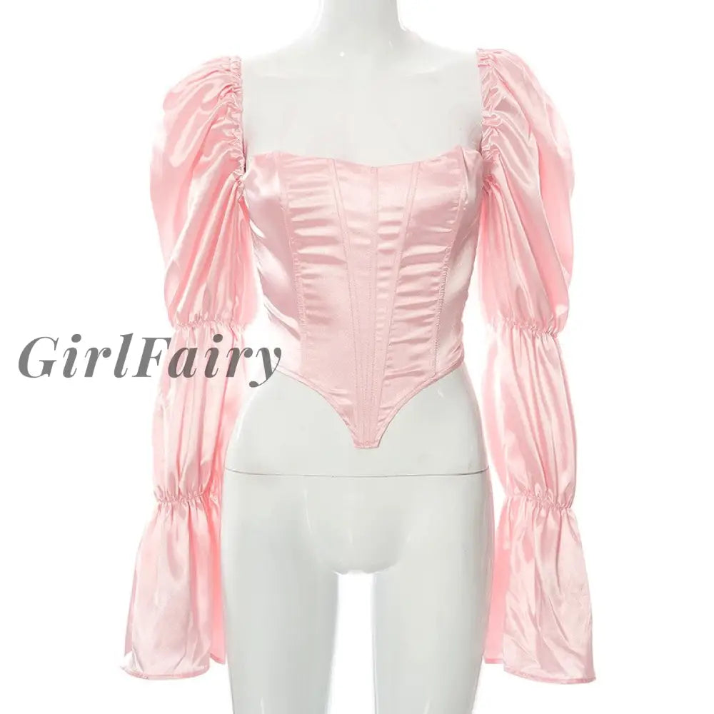 Girlfairy Sexy Satin Puff Sleeve Square Neck T Shirts For Women Asymmetrical Backless Cross Bandage