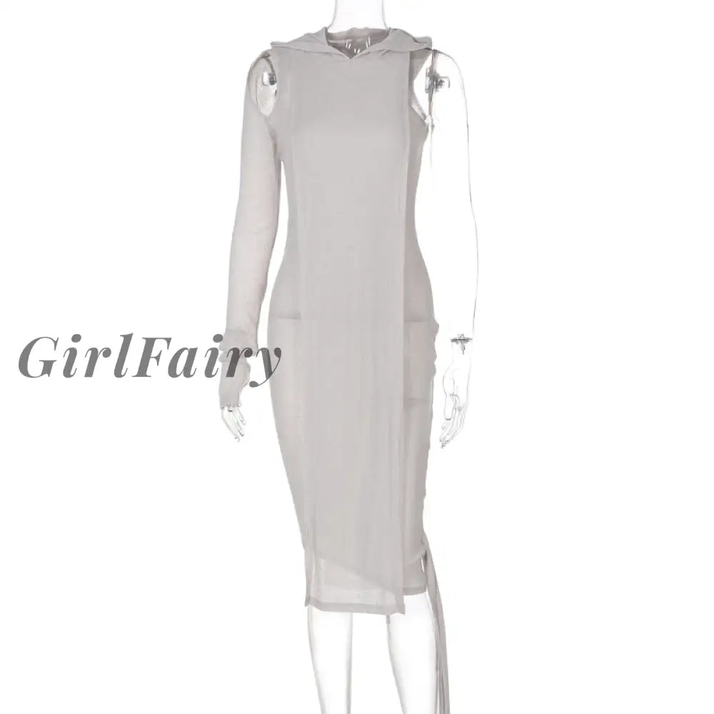 Girlfairy Sexy See Through One Shoulder Midi Dress Single Sleeve Hoodies Bodycon Dresses Fall