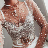 Girlfairy Sexy See Through T Shirt Women Mesh Patchwork Diamonds pearl Slim t-shirts Elegant Crop Tops Female Spring Clothes