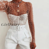 Girlfairy Sexy See Through T Shirt Women Mesh Patchwork Diamonds Pearl Slim T-Shirts Elegant Crop