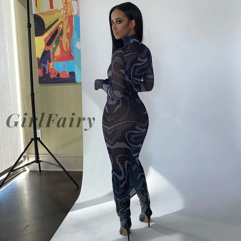 Girlfairy Sexy Sheer Mesh Maxi Dresses For Women Party Clubwear Transparent Long Sleeve Bodycon
