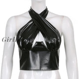 Girlfairy Sexy Shiny Black Pu Leather Cross Halter Crop Tops Women Cut Out Front Tube Party Club