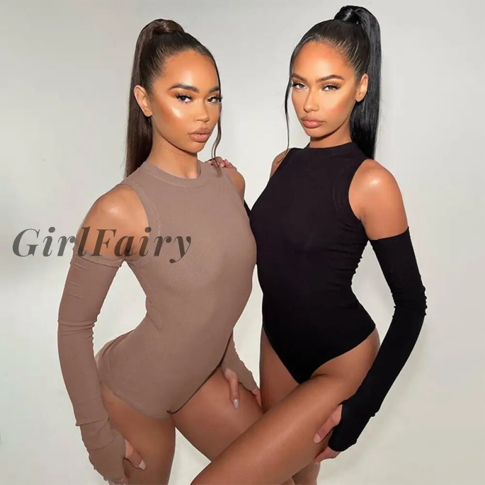 Girlfairy Sexy Sleeveless Solid Bodysuit With Gloves For Women Ribbed Knitted Skinny Black Bodycon