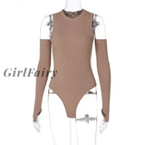 Girlfairy Sexy Sleeveless Solid Bodysuit With Gloves For Women Ribbed Knitted Skinny Black Bodycon