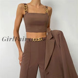Girlfairy Sexy Solid Two Piece Sets For Women Chain Crop Tank Top & Wide Leg Pants Matching Set