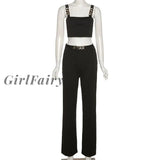 Girlfairy Sexy Solid Two Piece Sets For Women Chain Crop Tank Top & Wide Leg Pants Matching Set