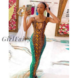 Girlfairy Sexy Spaghetti Strap Cut Out Maxi Dress Women Backless Snake Print Contrast Color Bodycon