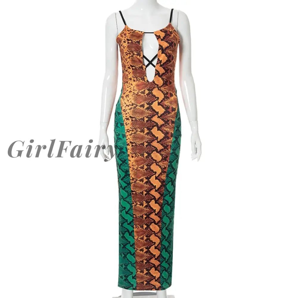 Girlfairy Sexy Spaghetti Strap Cut Out Maxi Dress Women Backless Snake Print Contrast Color Bodycon