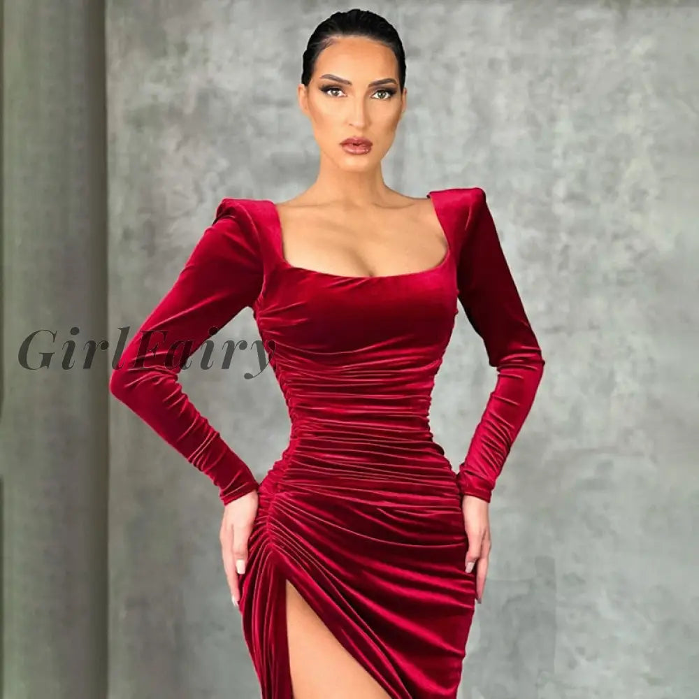 Girlfairy Sexy Square Collar Velvet Maxi Dress Gown For Women Elegant Fashion Outfits Split Club