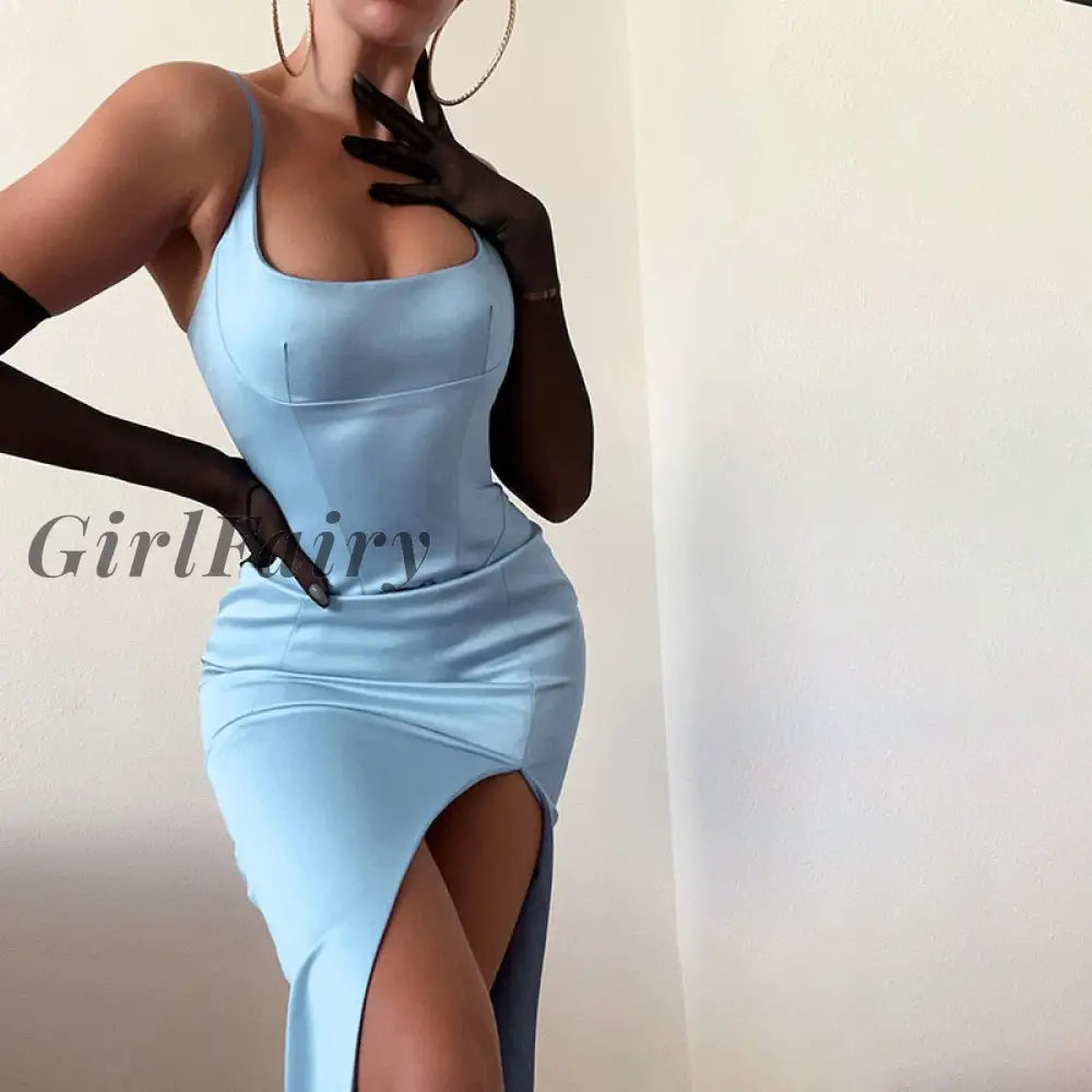 Girlfairy Sexy Straps Split Midi Dress For Women Elegant Outfits Club Party Sleeveless Backless Gown