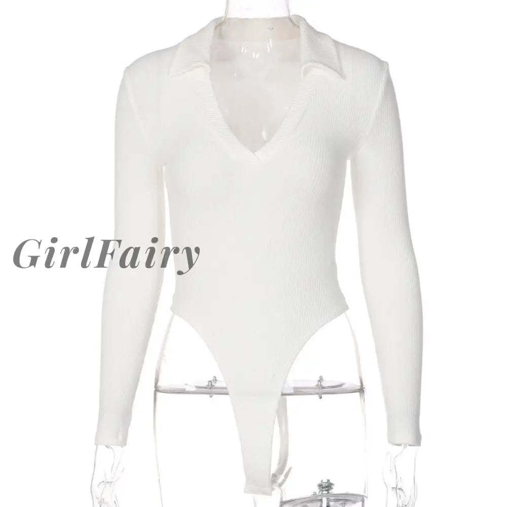 Girlfairy Sexy V Neck Knitted Bodysuit For Women Autumn Turndown Bodycon Backless Black White Gray