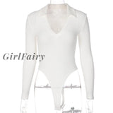 Girlfairy Sexy V Neck Knitted Bodysuit For Women Autumn Turndown Bodycon Backless Black White Gray