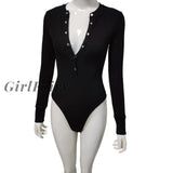 Girlfairy Sexy V Neck Knitted Bodysuit Women Black Long Sleeve Buttons Rompers Womens Jumpsuit
