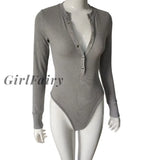 Girlfairy Sexy V Neck Knitted Bodysuit Women Black Long Sleeve Buttons Rompers Womens Jumpsuit
