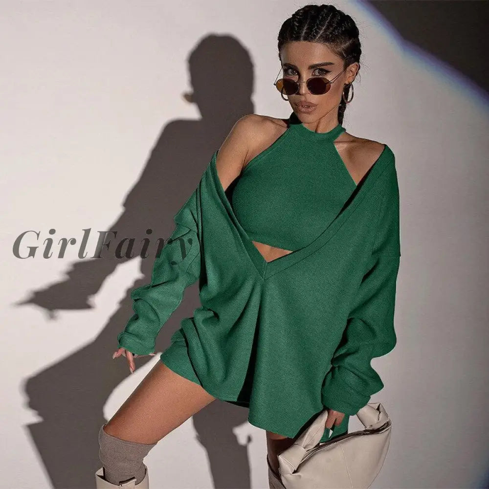 Girlfairy Sexy V Neck Long Sleeve Loose Pullover For Women Autumn Casual Crop Tank And Sweatshirts