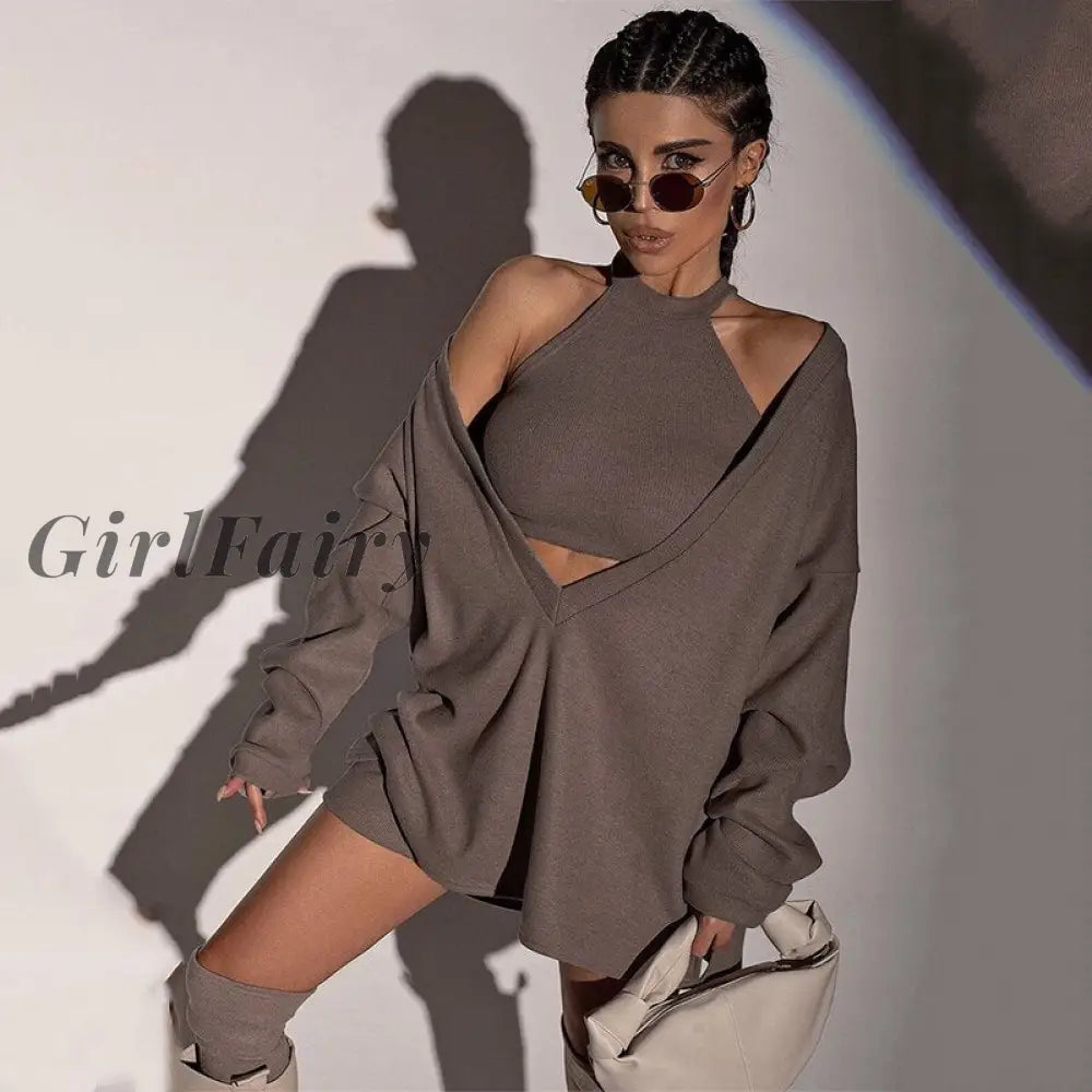 Girlfairy Sexy V Neck Long Sleeve Loose Pullover For Women Autumn Casual Crop Tank And Sweatshirts