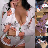 Girlfairy Sexy Women Bodysuit Deep V Neck Long Sleeve Bodycon Onesie Stretch Leotard Button Short