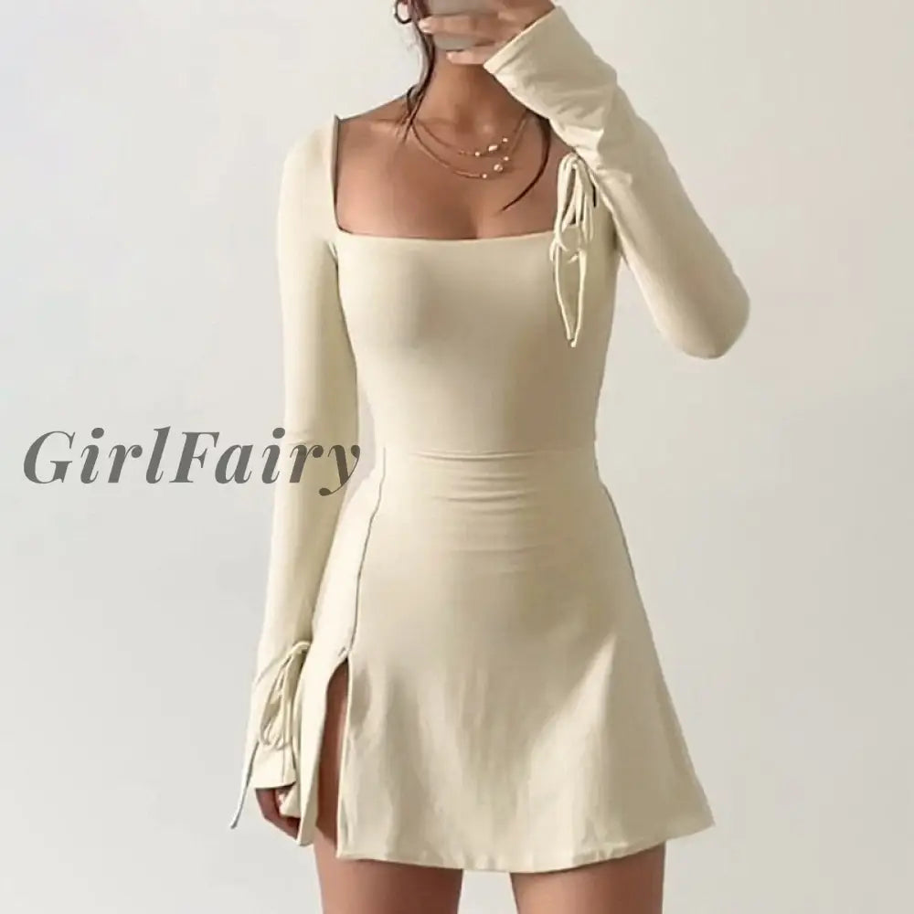 Girlfairy Simple Style Double-Layer Slit Tie Slightly Flared Long-Sleeved Square Neck Dress Casual