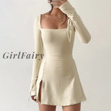 Girlfairy Simple style double-layer slit tie slightly flared long-sleeved square neck dress casual A-line skirt club party dress Vestidos