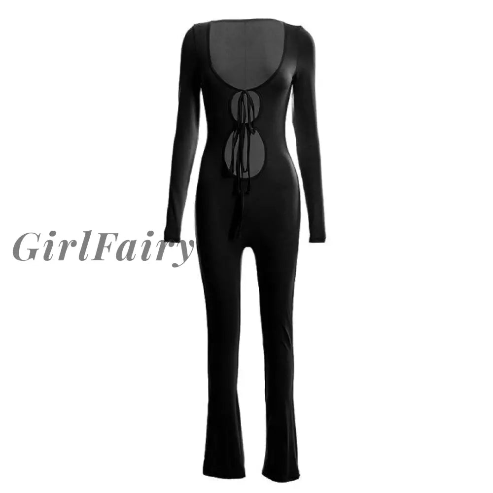 Girlfairy Skinny Lace Up Yellow Jumpsuit Women Sexy Cut Out Long Sleeve Casual Active Workout