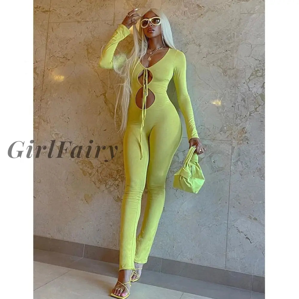 Girlfairy Skinny Lace Up Yellow Jumpsuit Women Sexy Cut Out Long Sleeve Casual Active Workout