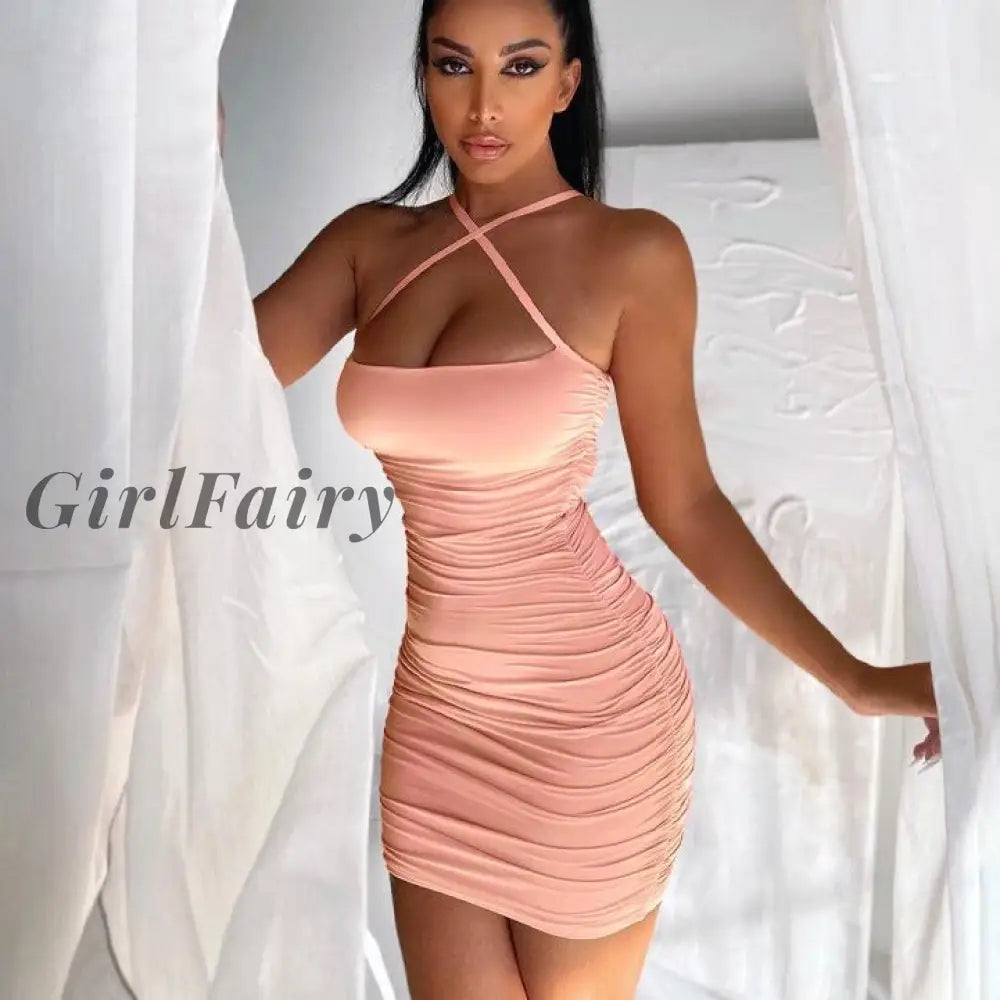 Girlfairy Sleeveless Ruched Sexy Mini Dress Summer Women Fashion Streetwear Outfits Solid Party