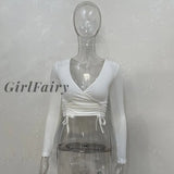 Girlfairy Slim Knitted Woman Tshirts Vintage Long Sleeve Tee V-Neck Drawstring Korean Harajuku Shirt