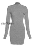Girlfairy Solid Knitted Mini Dress Women Autumn Sexy Mock Neck Backless Long Sleeve Body-Shaping